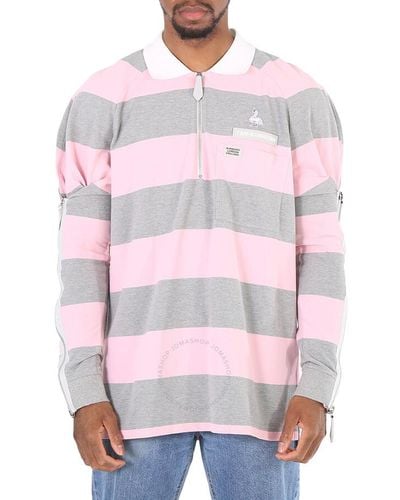 Burberry Long-sleeved Zip Detail Striped Polo Shirt - Pink
