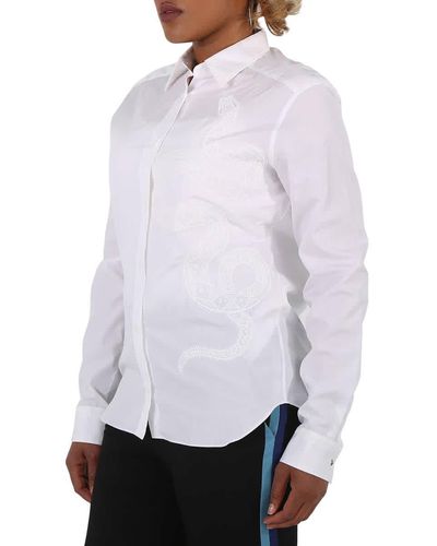 Roberto Cavalli Snake Embroidery Cotton Poplin Long Sleeve Shirt - White