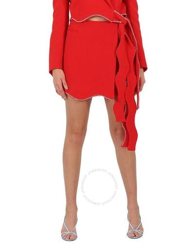 Mach & Mach Crystal Trimmed Wavy Wool Mini Skirt - Red