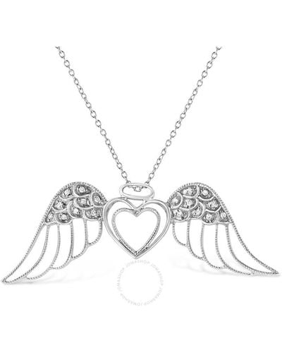 Haus of Brilliance .925 Sterling Silver Pave-set Diamond Accent Angel Wing 18'' Double Heart Pendant Necklace - Metallic