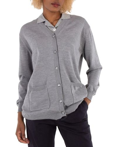 Burberry Cloud Wool Cardigan Detail Silk Jersey Shirt - Grey