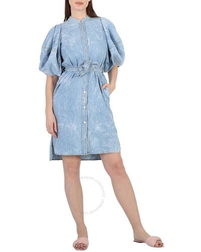 Stella McCartney Crinkle Denim Puff Sleeve Dress - Blue