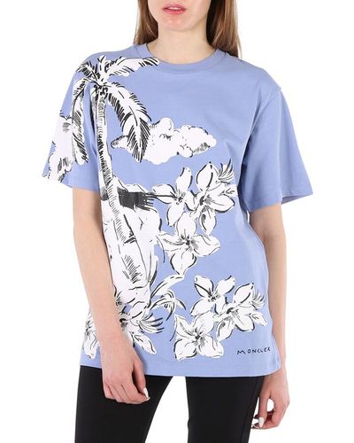 Moncler Light Floral Print Cotton Crew Neck T-shirt - Blue