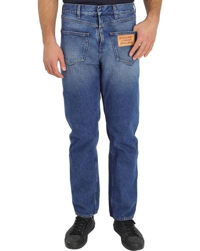 Regular Fit Washed Burberry Denim Jeans For Men Blue