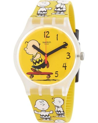 Swatch Peanuts Pow Wow Quartz Yellow Dial Unisex Watch - Metallic