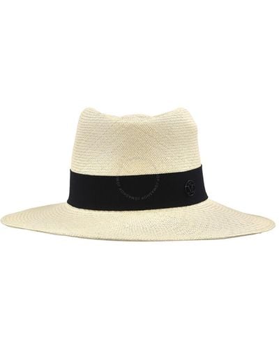 Maison Michel Navy Charles Panama Straw Fedora Hat - White