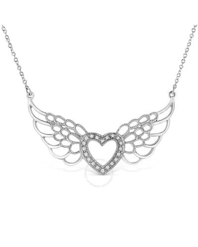 Haus of Brilliance .925 Sterling Silver Pave-set Diamond Accent Fairy Wing 18'' Heart Pendant Necklace - Metallic