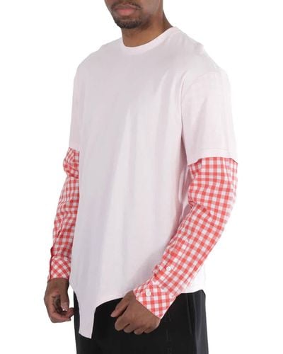 Burberry Cut-out Hem Gingham Sleeve Cotton Oversized T-shirt - Pink