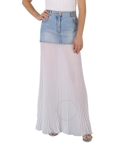 Balmain Long Blue And White High-waist Denim Pleated Skirt