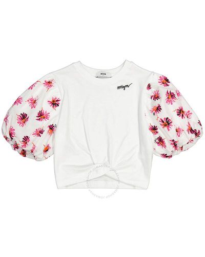 MSGM Girls Bianco Floral Ruffle Sleeve Logo Cotton Shirt - Pink