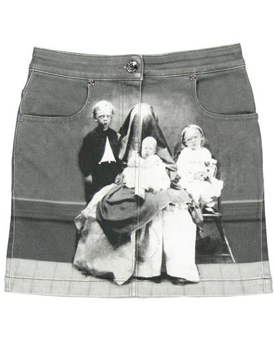 Burberry Grey Stretch Denim Victorian Portrait Print Mini Skirt