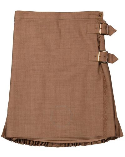 Burberry Warm Fawn Pleated Panel Wool Skirt - Brown