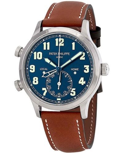 Patek Philippe Calatrava Pilot Travel Time 18kt White Gold Automatic Watch -001 - Blue