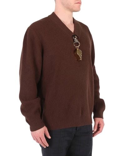 Burberry Wool V-neck Gold-plated Whistle Detail Rib Knit Sweater - Brown