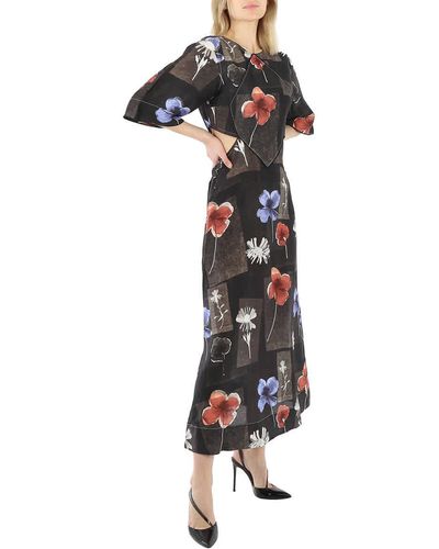 Ganni Floral Linen And Silk Maxi Dress - Black