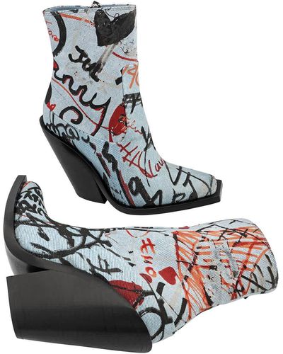 Burberry Millbank Graffiti Print Denim Ankle Boots - Blue