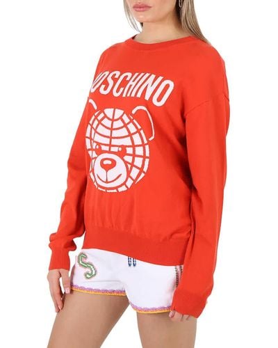 Moschino Teddy Logo Intarsia-knit Cotton Jumper - Red
