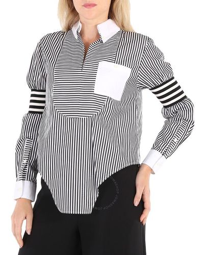 Burberry Stripe Cut-out Hem Striped Cotton Poplin Shirt - Grey