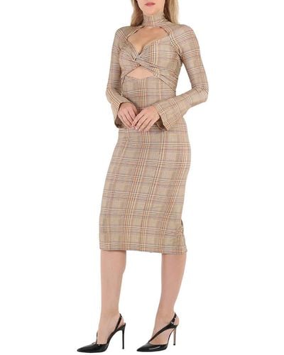Burberry Cut-out Checked Midi Dress - Natural