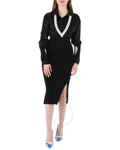 Burberry V-striped Insert Knit Wool Dress - Black