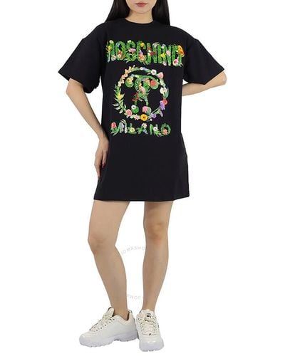 Moschino Floral Logo Print Oversized T-shirt Dress - Black
