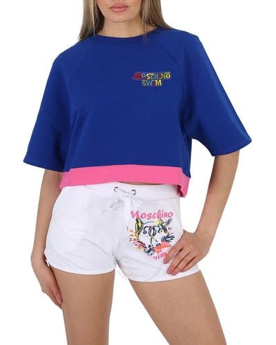 Moschino Swim Relaxed-fit Cropped Logo Cotton T-shirt - Blue