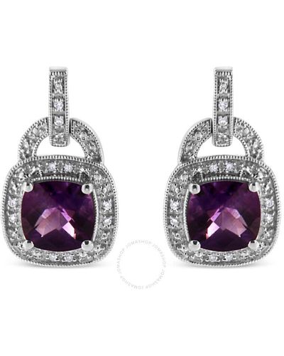 Haus of Brilliance .925 Sterling Silver 8mm Natural Cushion Shaped Amethyst,accent Halo With Push Back Dangle Earrings - Metallic