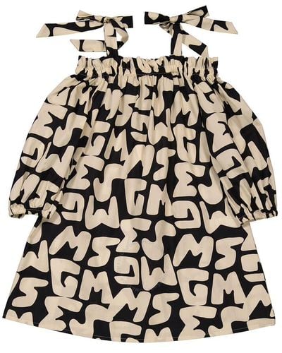MSGM Girls Logo Lettering Print Cotton Poplin Off-shoulder Dress - Black