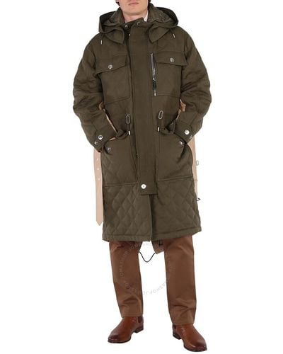 Burberry Olive Detachable Hood Quilted Ramie Cotton Parka - Green