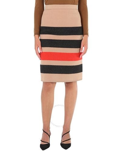 Burberry Camel Icon Stripe Wool Pencil Skirt - Red