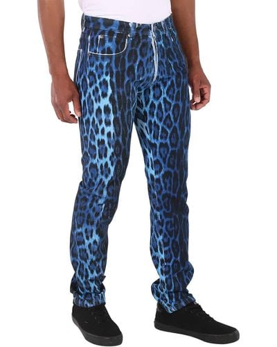 Roberto Cavalli Heritage Jaguar Print Cotton Slim Fit Jeans - Blue