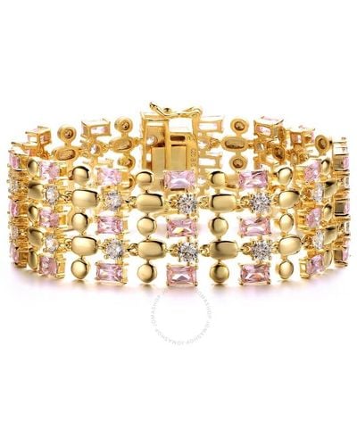 Rachel Glauber 14k Yellow Gold Plated Pink Morganite & Cubic Zirconia Wide Geometric Mesh Link Bracelet - Metallic
