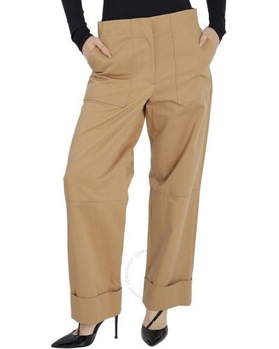 Burberry Camel Solid Cotton Straight Trousers - Natural