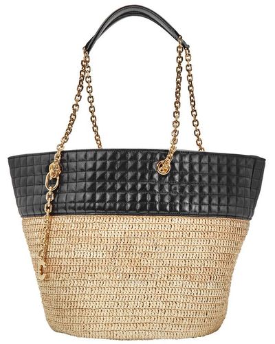Celine Raffia And Calfskin Medium Quilted Basket Bag - Black
