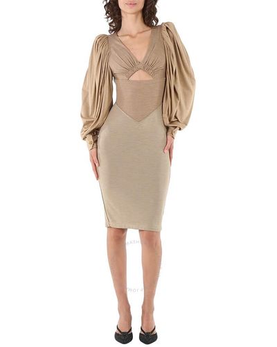 Burberry Pecan Melange Paneled Wool Silk Jersey Dress - Natural