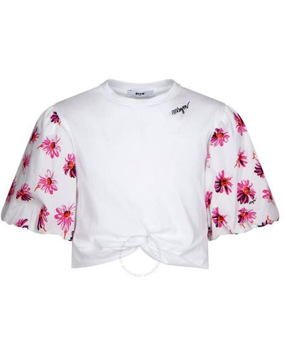 MSGM Girls Floral Ruffle Sleeve Logo Cotton Shirt - Pink