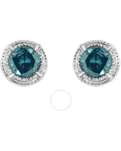 Haus of Brilliance .925 Sterling Silver 1/4 Cttw Treated Blue Diamond Modern 4-prong Solitaire Milgrain Stud Earrings