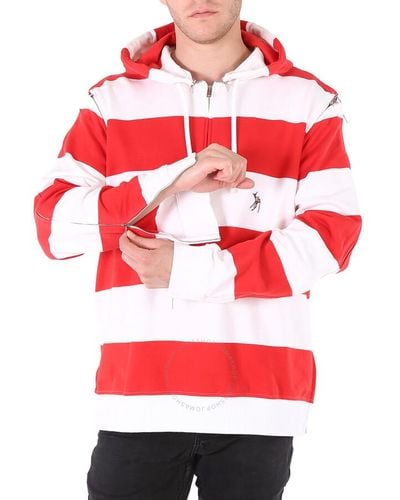 Burberry Zip Detail Striped Cotton Hoodie - Red