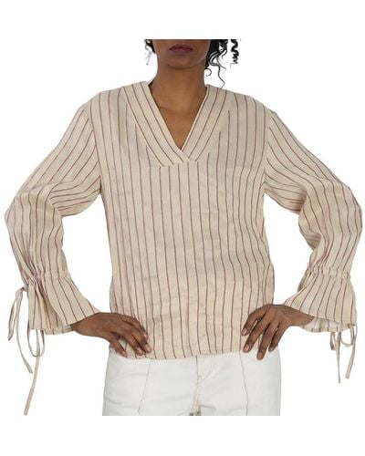 BENJAMIN BENMOYAL Beige Stiped Linen V Collar Shirt - Multicolour