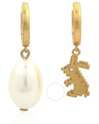 Tory Burch Pave Rabbit And Cultured Freshwater Pearl Mismatch Charm Hoop Earrings - Metallic