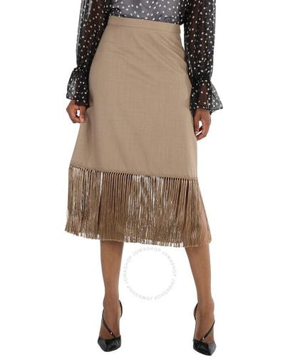 Burberry Pecan Melange High-waist Fring-hem Wool And Cashmere Skirt - Natural