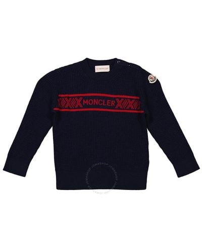 Moncler Kids Navy Girocollo Tricot Logo Wool Sweater - Blue