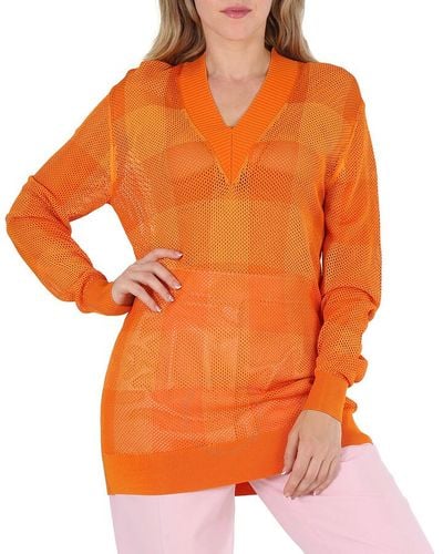 Burberry Deep Zoie Check Mesh Lace V-neck Sweater - Orange