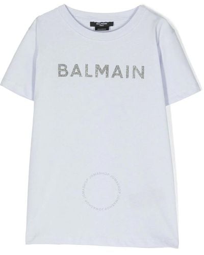 Balmain Boys Polvere / Argento Logo-print Crew-neck T-shirt - Blue