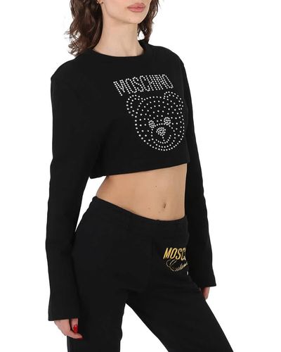 Moschino Crystal Teddy Cropped Cotton Sweatshirt - Black