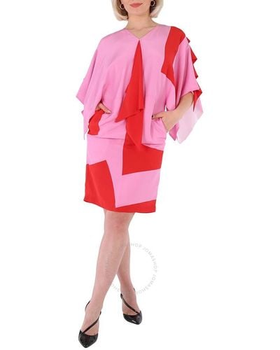 Burberry Primrose Geometric Print Silk Crepe De Chine Cape Sleeve Dress - Red