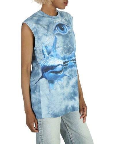 Burberry Shark Print Cotton Sleeveless Tank Top - Blue
