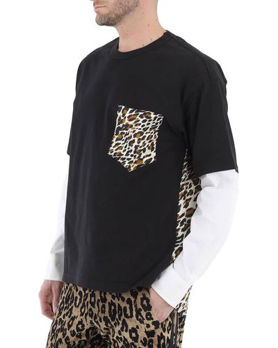 Roberto Cavalli Hybrid Poplin Sleeve Animalier Cotton Jersey T-shirt - Black