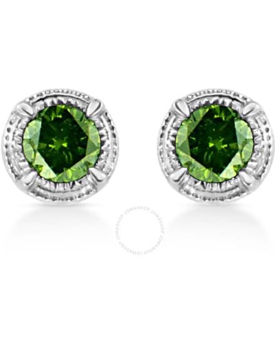 Haus of Brilliance .925 Sterling Silver 1/3 Cttw Treated Green Diamond Modern 4-prong Solitaire Milgrain Stud Earrings