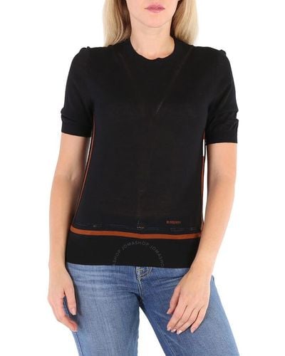 Burberry Short Sleeve Logo Intarsia Wool Silk Cashmere Top - Black